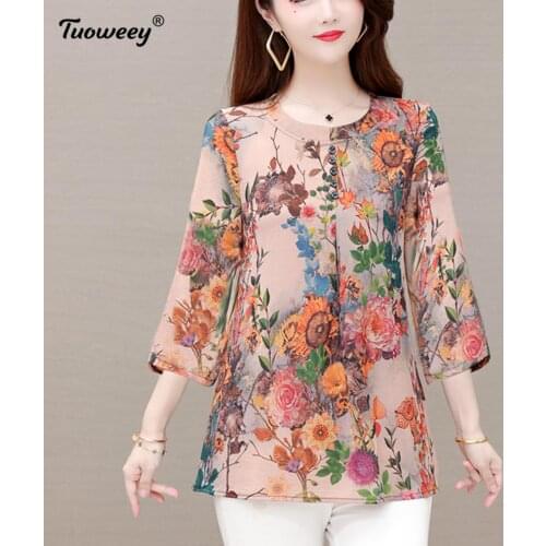 Elegant summer Silk Shirt Women Office Bottom Vintage Floral Print Top O Neck Chiffon Blouse Autumn Spring Korea Shirts Blusas