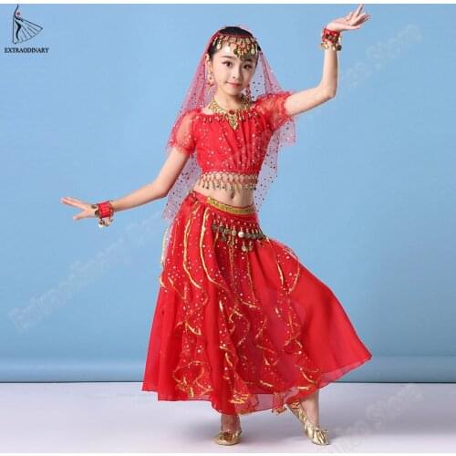 Indian Children Belly Dance Costumes Set Bollywood Dance Kids Dresses Chiffon Coin Performance Top Belt Skirt 6 Colour