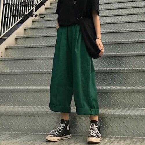 COYOTES Women Pants Solid Wide Leg Trousers Womens Leisure Retro Ankle-length Pant Korean Style Ulzzang Daily Fashion Capris