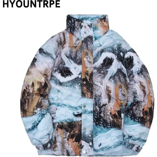 Fashion Snow Mountain Harajuku Printed Jackets and Coats Mens Casual Bomber Cotton Padded Warm Zipper Parkas Outerwear Hipster