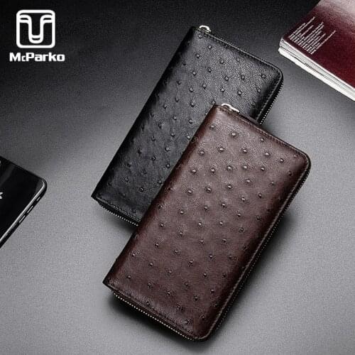 McParko Ostrich Wallet Genuine Leather Clutch Wallet Men Luxury Ostrich Leather Bag Phone Wallet Animal Skin Long Zipper Purse