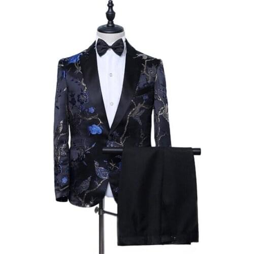 Embroidered blazer men groom suit set with pants mens wedding suits costume singer star style dance stage clothing formal dress