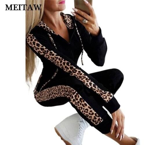 New 2019 Autumn Winter Tracksuit Women Splice Fleece Leopard Print Two Pieces Set Casual Long Sleeve Hoodies And Long Pants Suit