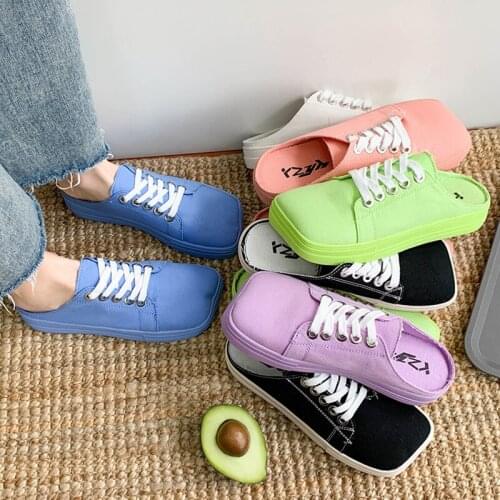 2020 new canvas shoes square toe Baotou half slippers breathable comfortable lazy shoes sandals and slippers womens shoes trend