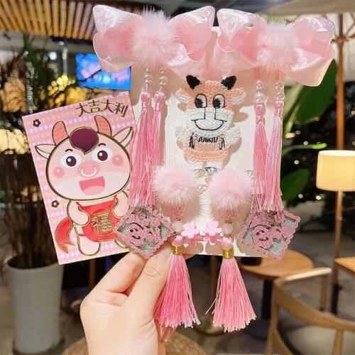 New Year Chinese Style Hair Accessories Baby Girls Furry Ball Bows Tassel Hair Clips Knit Cow Cattle Cartoon Barrettes