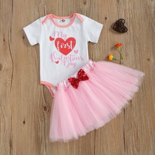 0-24M Baby Girl Sweet Clothing My 1st Valentines Day Letter Print Short Sleeve Romper Top+Pink Tulle Tutu Skirt 2pcs Set