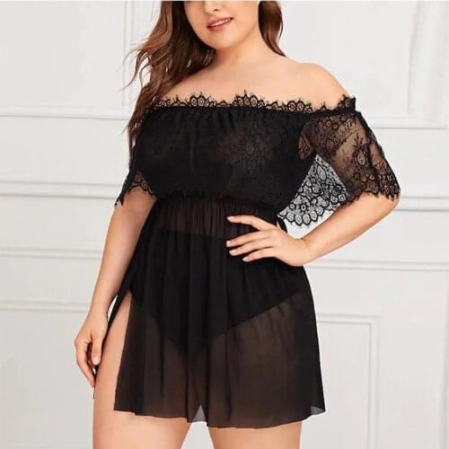 Plus Size 4xl Sexy Lingerie Women Sleepwear Lace Sheer Mesh Nightgowns Ladies Hot Off Shoulder Nightdress Summer Homewear 2021