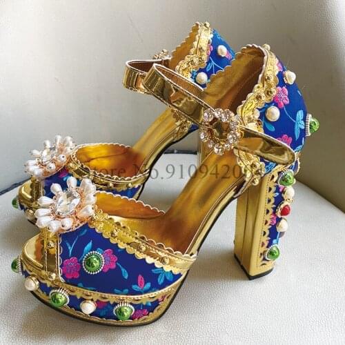 Luxury Diamond Platform Bridal Wedding Shoes Woman Chunky Heel Ankle Strap Embroidery Satin Beaded Rivet Sandals Women