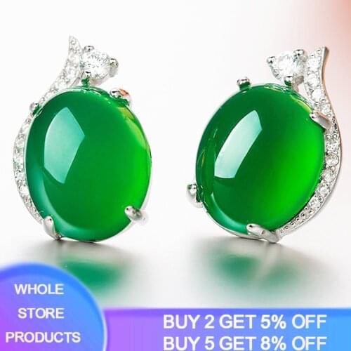 Luxury Natural Green Chalcedony Stud Earrings Real 100% 925 Sterling Silver Fashion Women Earring Party Fine Jewelry Wholesale