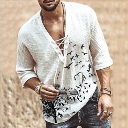 WENYUJH Mens Fashion Hippie Linen Shirt Casual Middle Sleeve V Neck Summer Beach Loose Tee Tops Solid Color T shirts 2021 New