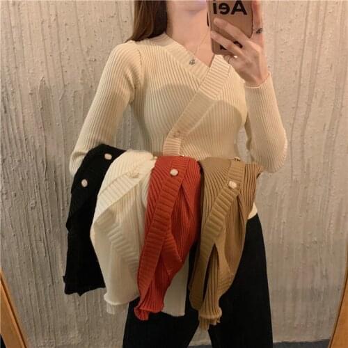 Women Cross V-neck Full Sleeve Pullovers Sweater Girls Knitted Short Slim Fit Inside Knitwear Buttons Crop For Female Tops C037