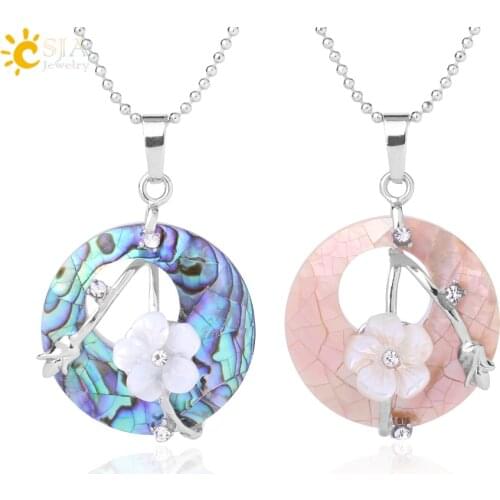CSJA Colorful Natural Abalone Shell Pendants Necklaces White Pink Round Gems Beads Flower Zircon Women Charms Jewelry Gifts F873