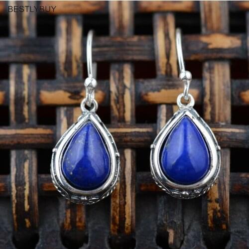 BESTLYBUY Real 925 Sterling Silver Dark Blue Lapis Lazuli Water Drop Earrings for Women Lover Mother Party Gift Retro Earrings