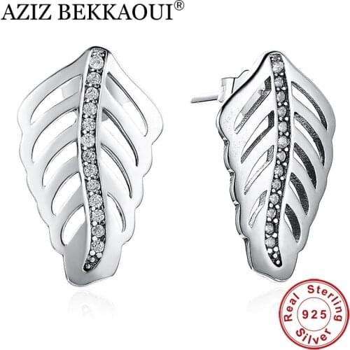 AZIZ BEKKAOUI Real 925 Sterling Silver Clear CZ Feathers Stud Earrings for Women Female Romantic Engagement Wholesale Brincos