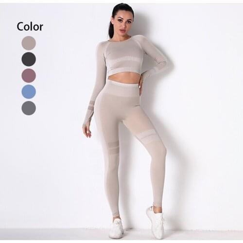 Yoga Sets For Women 2 Piece Outfits Workout Long Sleeve Crop Top High Waist Sports Legging Sets Knitting Seamless Gym Clothes