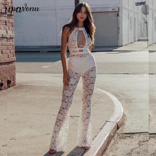 Free Shipping High Quality Women White Lace Jumpsuit Sleeveless Hollow Bodycon Sexy Club Party Flare Jumpsuit 2021 Summer Outfit