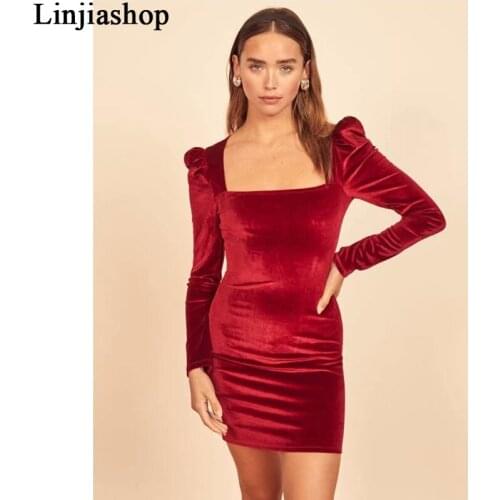 Vintage velvet red dress women square collar long sleeve sexy mini red party slim sheath dresses vestidos mujer birthday