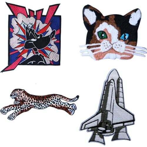 1PCS Big Towel Water Soluble Cat Rocket Animal Embroidery Patch Tiger Leopard Sewing Patch Decal DIY Badge Embroidery Badge
