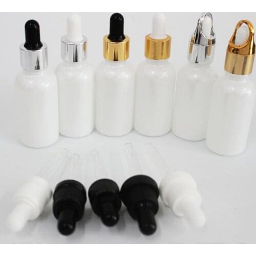 20pcs Lot 30ml Essential oil bottle glass bottle pearl white gold silver aluminum cover glass dropper / essence empty bottle