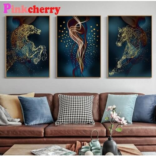 Running Horse Diamond Embroidery Full Square Round Diamond Painting Gold Foil Blue Paintings Wall Art Triptych Picture P11