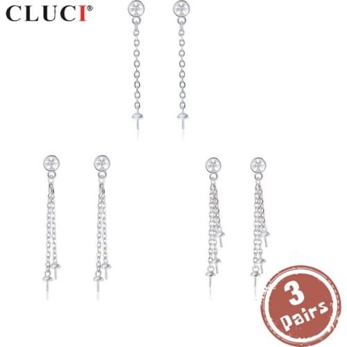 CLUCI 3 pair Silver 925 Stud Pearl Earring Mounting for Women Wedding Sterling Silver Multiple Link Earrings Jewelry SE144SB