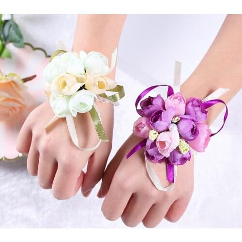Wrist Flowers for Wedding Decoration Pearl Silk Rose Ribbon Artificial Flower Party Bride Bridesmaid Corsages Hand Flower