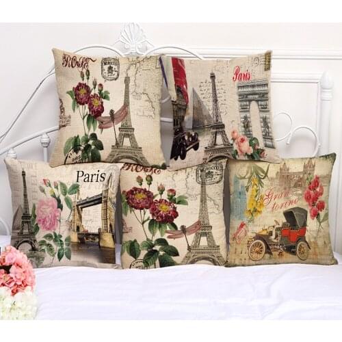 Decorative Pillow Cushion Case Vintage Eiffel Tower Floral Pillowcase 17.5 Inch Cotton Linen Chair Seat Throw Pillow Cover L1005