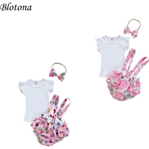 Blotona Cute Baby Girls Three-piece Clothes Set, Round Collar Fly Sleeves Tops, Suspender Trousers and Headdress, 0-18Months