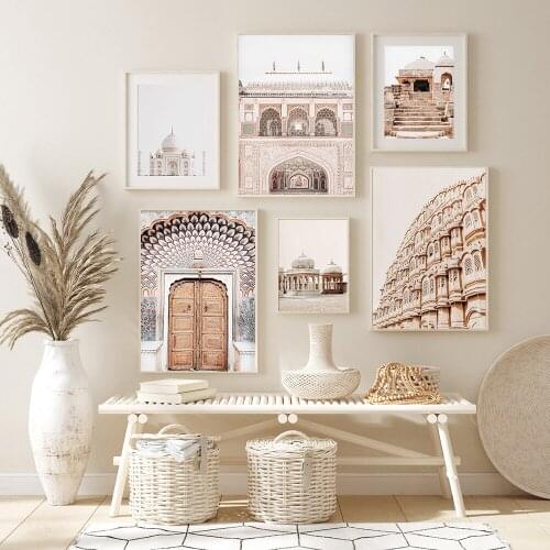 Moroccan Door Wall Taj Mahal View Art Square Canvas Panting Travel Cityscape Poster India Print Wall Pictures Boho Home Decor