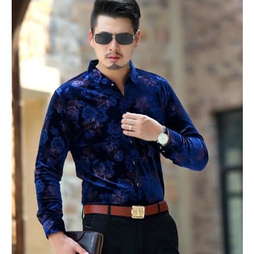 Mens Floral Winter Thick Shirt Long Sleeve Velvet Dress Shirts Black Blue Silk Business Casual Shirt Thicken Warm Size M-3XL