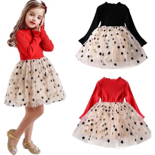 New Year Childrens Clothing Red Christmas Girls Dress Sequined Stars Mesh Party Princess Dress Daily Girls Clothes Casual Wear