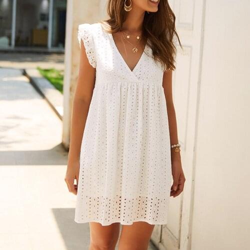 New Womens Temperament Commuter V-Neck Short-Sleeved Lace Dress In Summer 2021