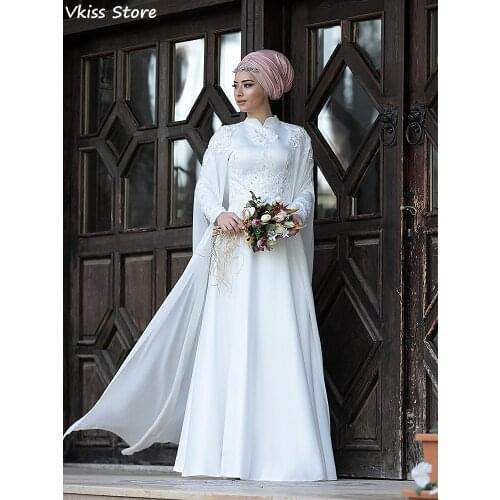 Pure White Evening Dress Muslim Style A-line High Neck Floor Length Long Sleeves With Wrap Prom Dress robe de soirée de mariage