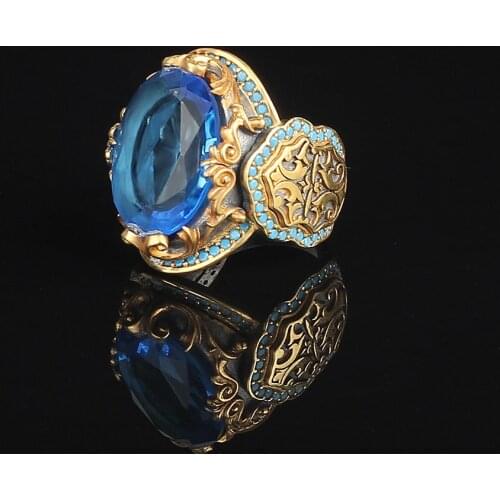 925 Sterling Silver Antique Ring with Oval Raw Blue Topaz Gemstone For Men Handmade Vintage Ring Made in Turkey