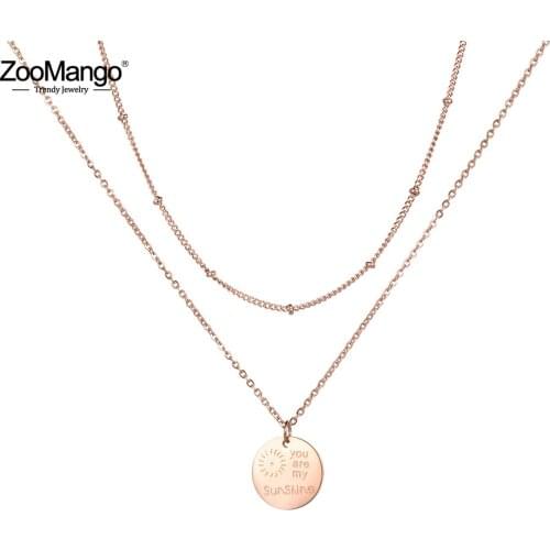 ZooMango Stainless Steel Double Layers Choker Necklaces You Are My Sunshine Coin Pendant Necklaces Jewelry For Women ZN18241