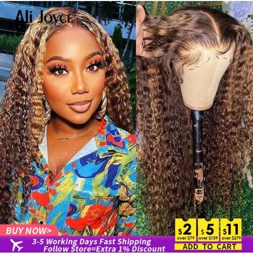 Highlight Curly Wig 13×4 Lace Front Wig Honey Blond Curly Brazilian Human Hair Wigs Pre Plucked Remy Hair Wigs For Black Women