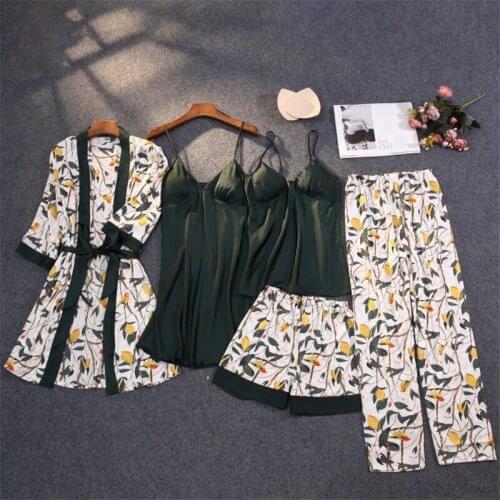 Luxury Women Pajamas five-piece Ice silk Home Wear Nightdress Sets With Chest Pad Suspender High Quality Long Sleeve Nightdress