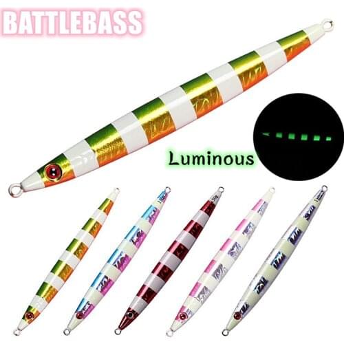 100g 150g Luminous Slide Stick Jigging Fishing Lure Rigged Assist Hook Casting Jig Slim Bait Slow Fall Pitch Metal Jigs