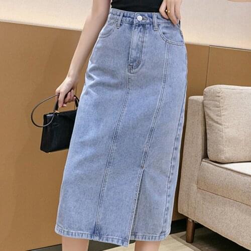 Summer Autumn Womens Mid-Length Casual High-Waist Hip-Wrapped Denim Skirt Faldas Mujer Moda 2021 Korean Fashion Clothing A135