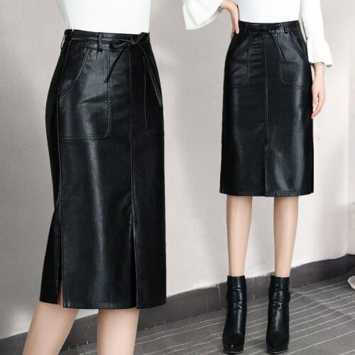 2019 Autumn Black Leather Skirt Women Plus Size Sexy Midi PU Pencil Skirts Womens High Waist Split Office Leather Skirt Female