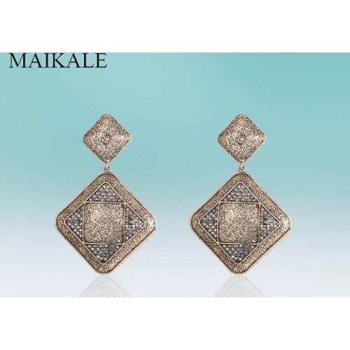 MAIKALE Retro Big Square Zinc Alloy Dangle High Quality Earrings Classic Hanging Rhinestone Drop Earring for Women Jewelry Gifts