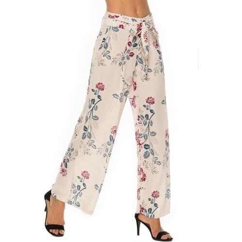 Womens Summer Casual Beach Holiday Pants Print Bohemian Wide Leg Pants With Bow Belt High Waist Wide Legs Trousers