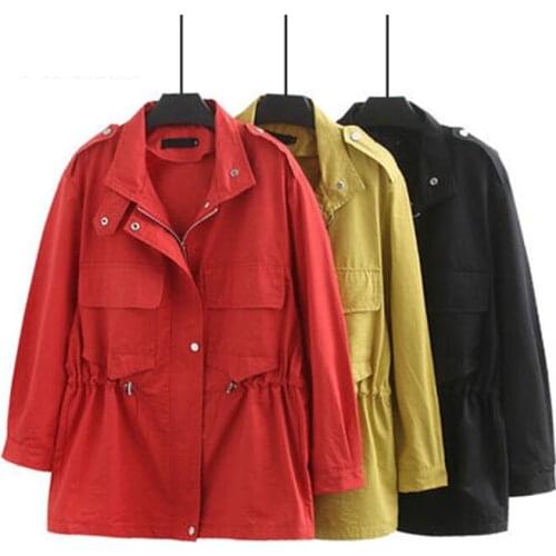 Spring autumn short trench coat loose long-sleeved female large size waist single-breasted stand collar windbreaker D185