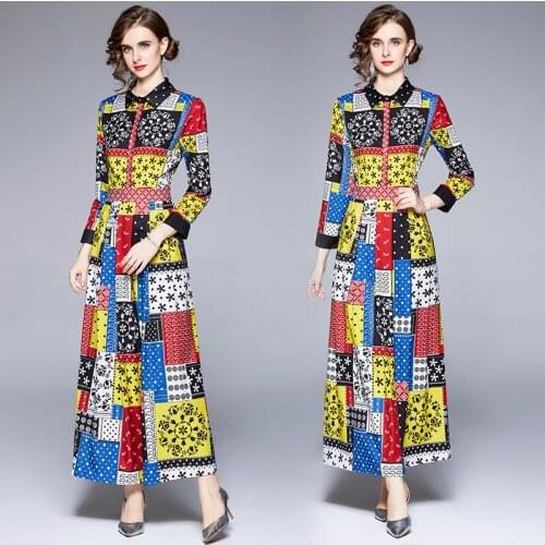 Dropshipping New Spring Summer Fall Autumn Runway Vintage Floral Print Long Sleeve Women Ladies Party Casual A-Line Maxi Dress