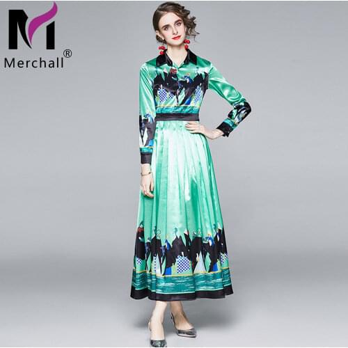 Runway Designer Vintage Green Maxi Dress Females Shirt Collar Long Sleeve A Line Flowre Print Dresses Autumn Spring Robe M66379