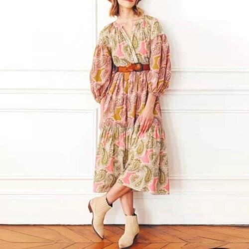 2021 Summer Fashion Designer Dresses Women Flowers Printed with Belt Elegant Holiday Party Dress
