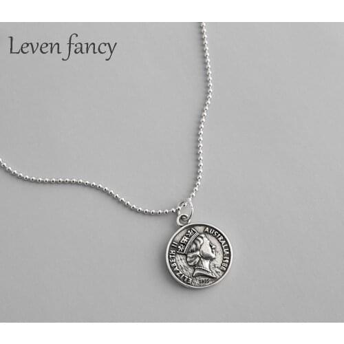 925 Sterling Silver Antique Queen Elizabeth Dollar Medallion Coin Disc Layering Necklace 65cm Ball Bead Chain Long Necklace