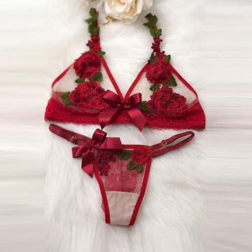 2pcs Erotic Lingerie Set Bra Sexy Red Rose Floral Embroidery Lace+Thong Transparent Bowknot Underwear for Women Ladies Comfort