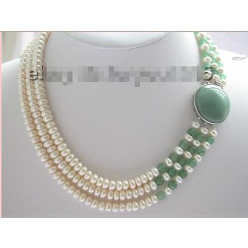 3rows genuine Natural White Baroque Pearl green Necklace