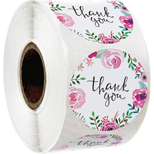 500pcs/roll Round Thank you Stickers Roll Flower Lables Sticker For Wedding Christmas Card Packaging Seal Stickers